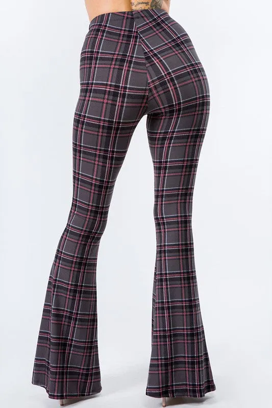 Gray Plaid Print Bell Bottom Leggings