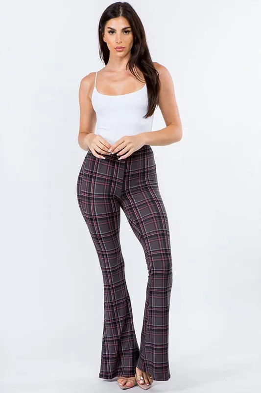 Gray Plaid Print Bell Bottom Leggings