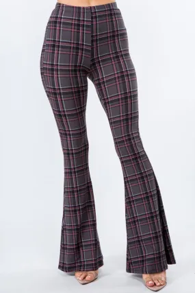 Gray Plaid Print Bell Bottom Leggings