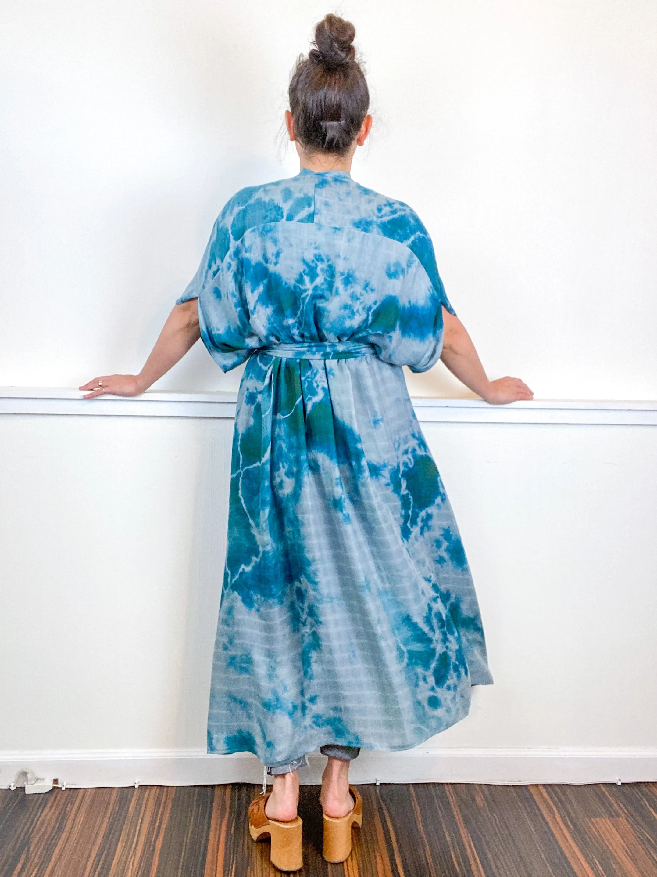Hand-Dyed High Low Kimono Bamboo Kingfisher