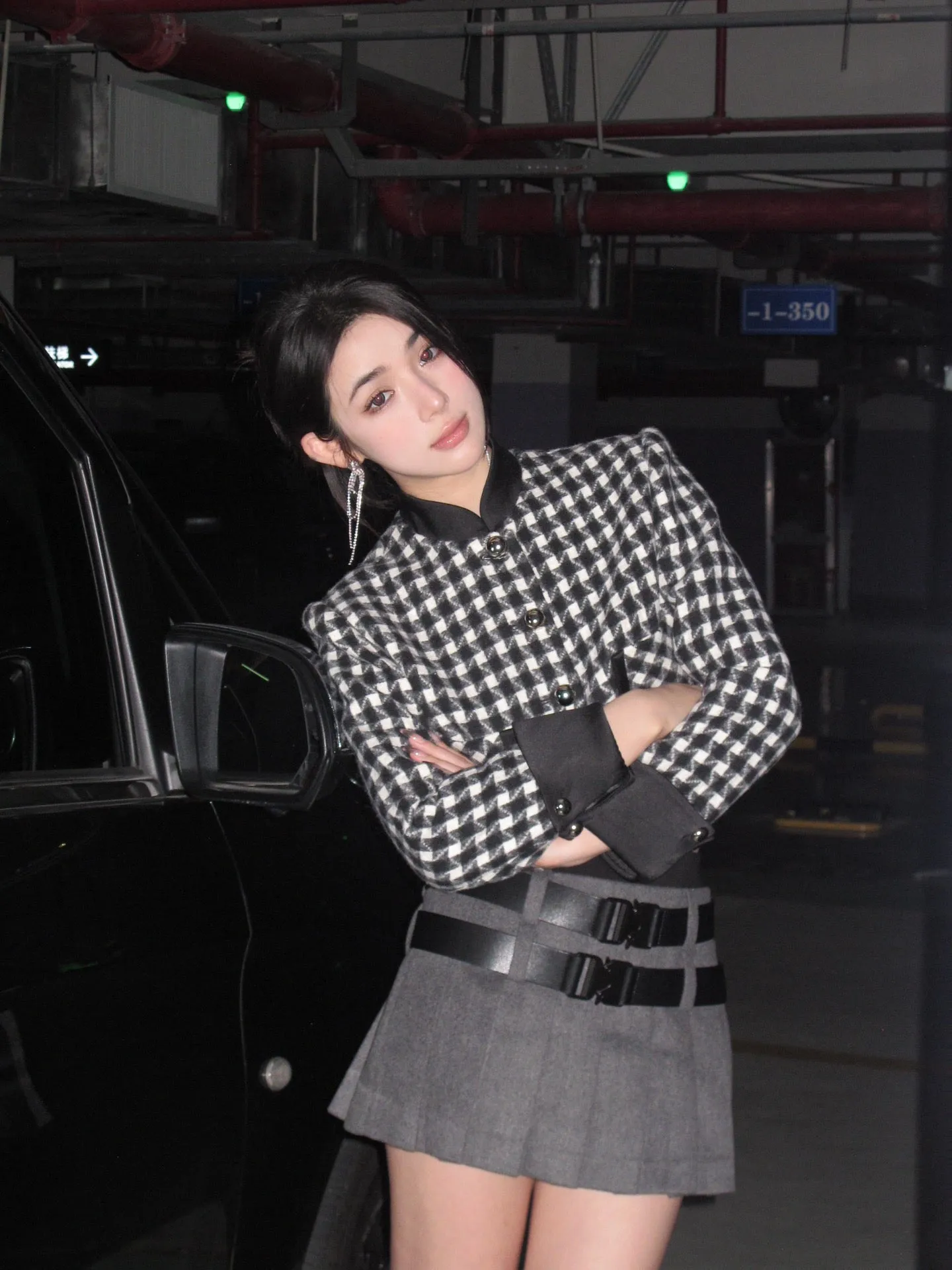 June Eleven Grey Double-Belt Wool Pleated Mini Skirt