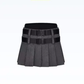 June Eleven Grey Double-Belt Wool Pleated Mini Skirt