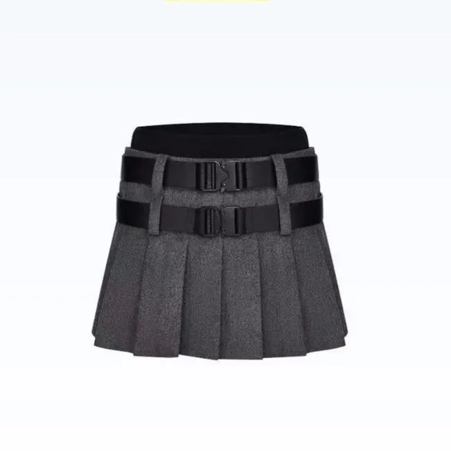 June Eleven Grey Double-Belt Wool Pleated Mini Skirt