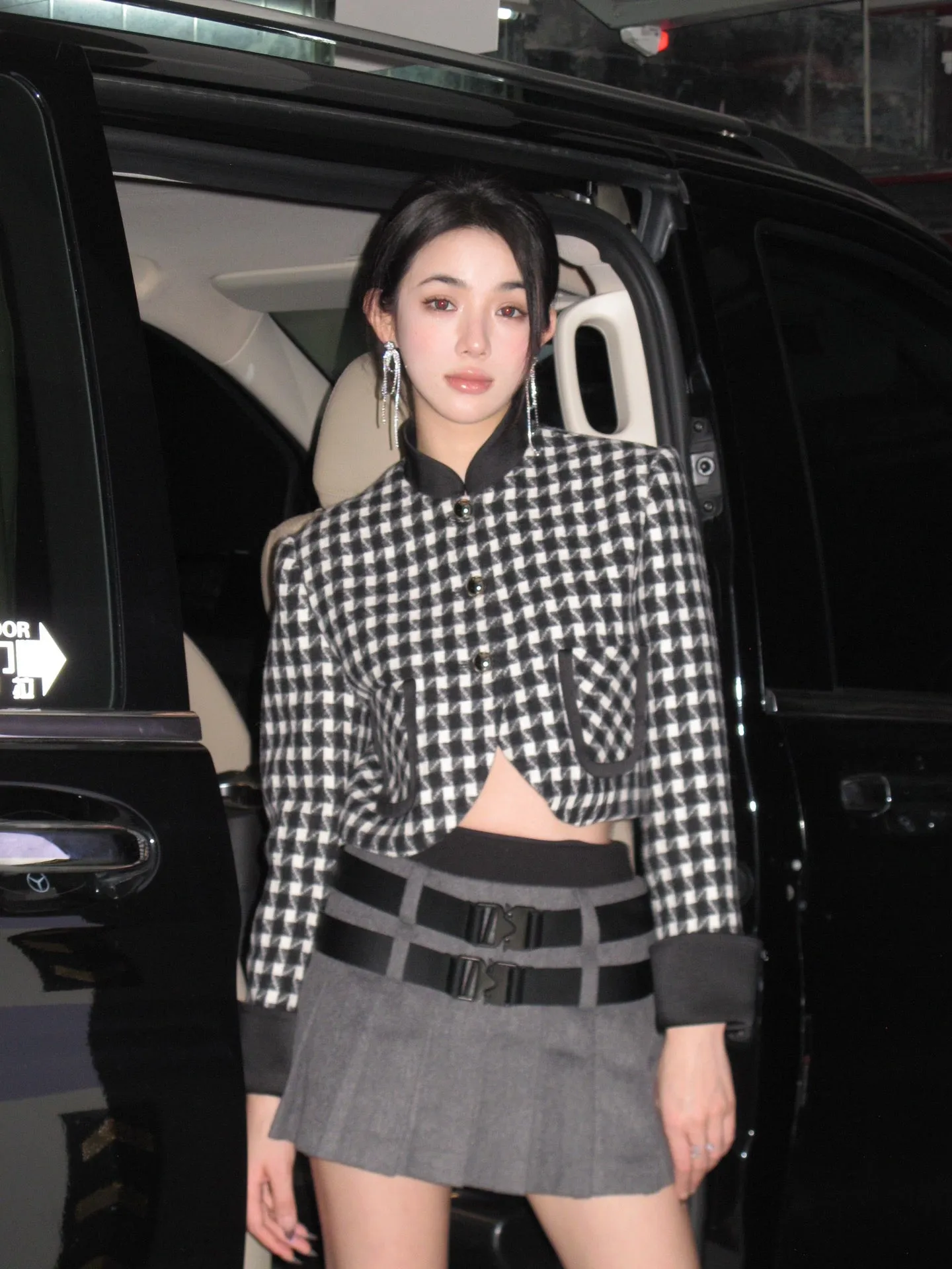 June Eleven Grey Double-Belt Wool Pleated Mini Skirt