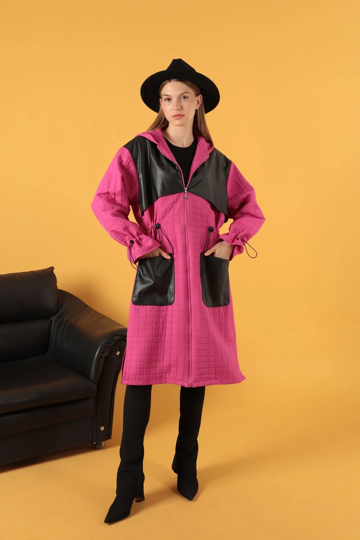 KKT Leather Fabric Jacquard Women's Trench Coat-Fuchia - Marcq-en-Baroeul
