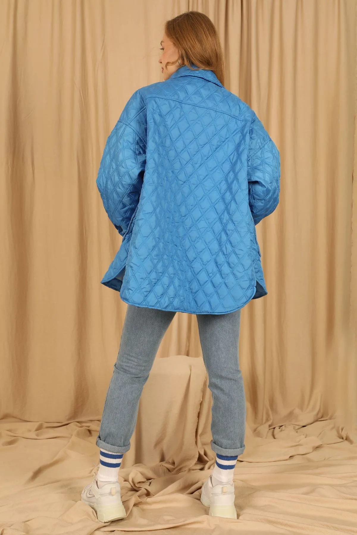 KKT Quilted Fabric Double Stitch Pattern Women Coats-Blue - Bellevue