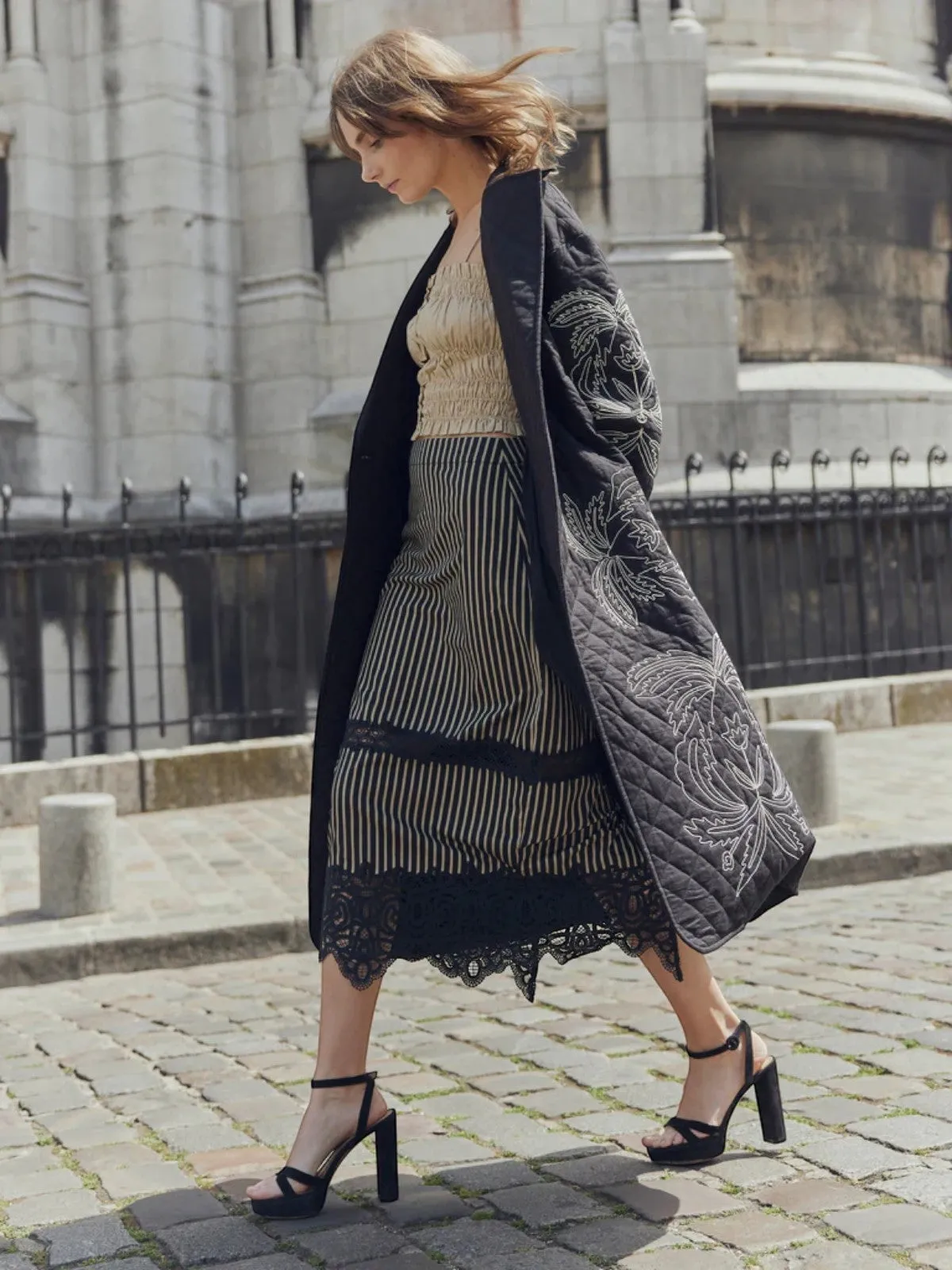 Lacey Midi Skirt | Black & Khaki Stripe
