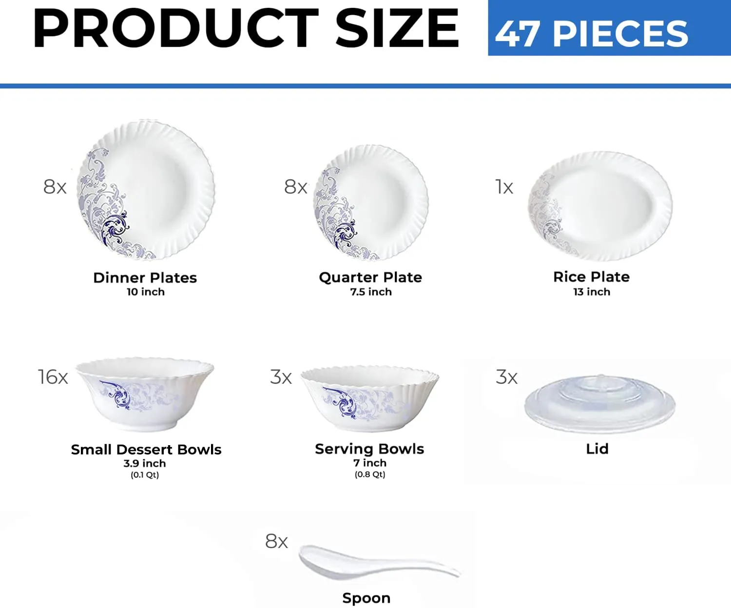 Larah by Borosil Blue Eve Silk Series Opalware Dinner Set | 47 Pieces for Family of 8 | Microwave & Dishwasher Safe | Bone-Ash Free | Crockery Set for Dining & Gifting | Plates & Bowls | White