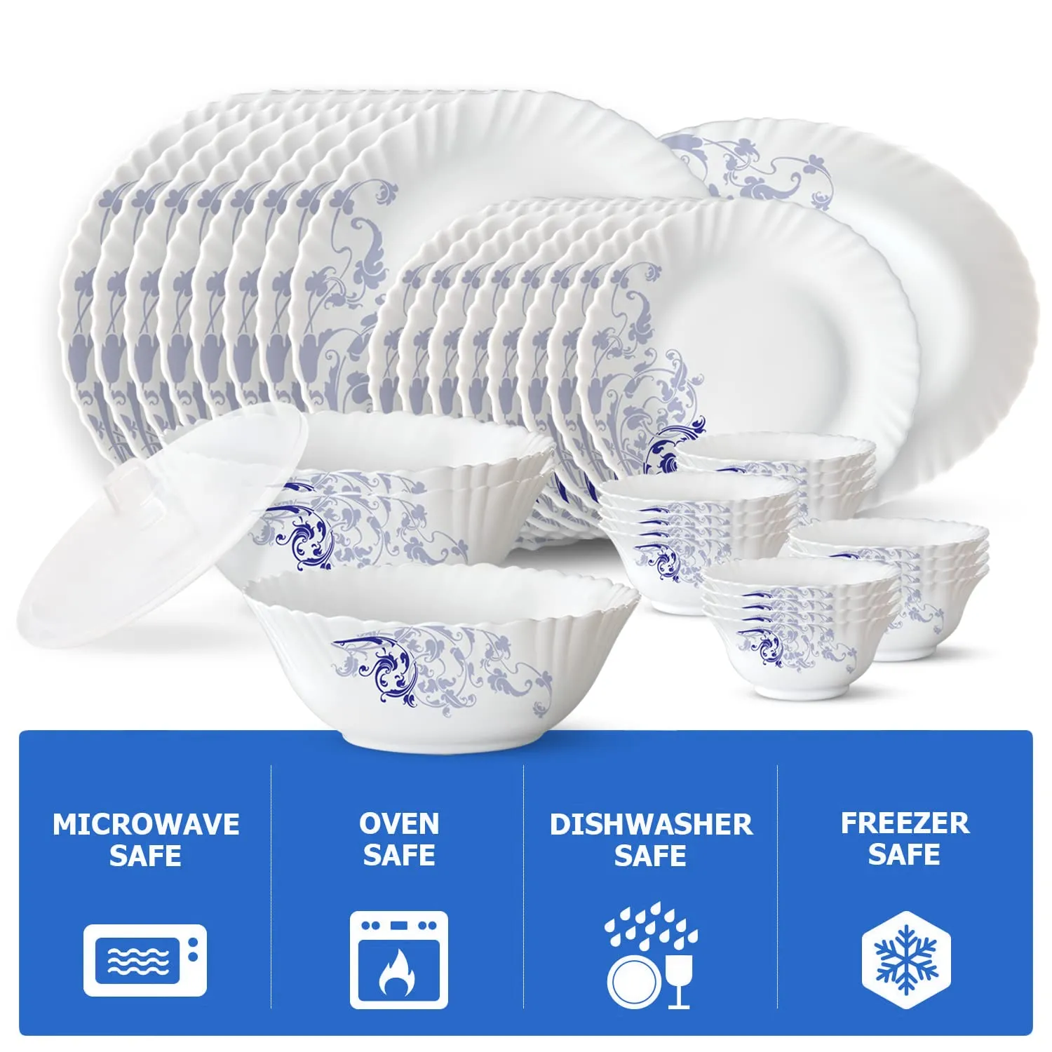 Larah by Borosil Blue Eve Silk Series Opalware Dinner Set | 47 Pieces for Family of 8 | Microwave & Dishwasher Safe | Bone-Ash Free | Crockery Set for Dining & Gifting | Plates & Bowls | White