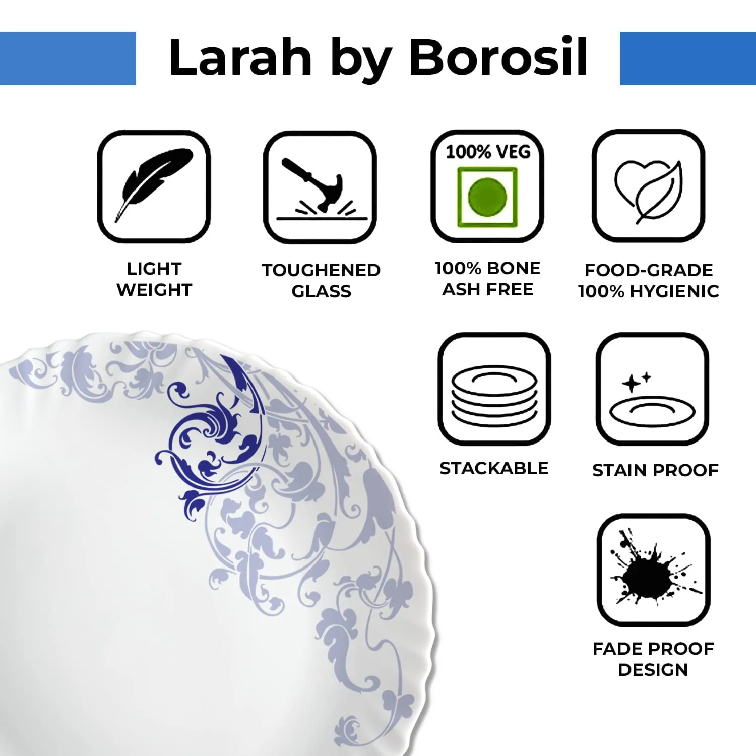 Larah by Borosil Blue Eve Silk Series Opalware Dinner Set | 47 Pieces for Family of 8 | Microwave & Dishwasher Safe | Bone-Ash Free | Crockery Set for Dining & Gifting | Plates & Bowls | White