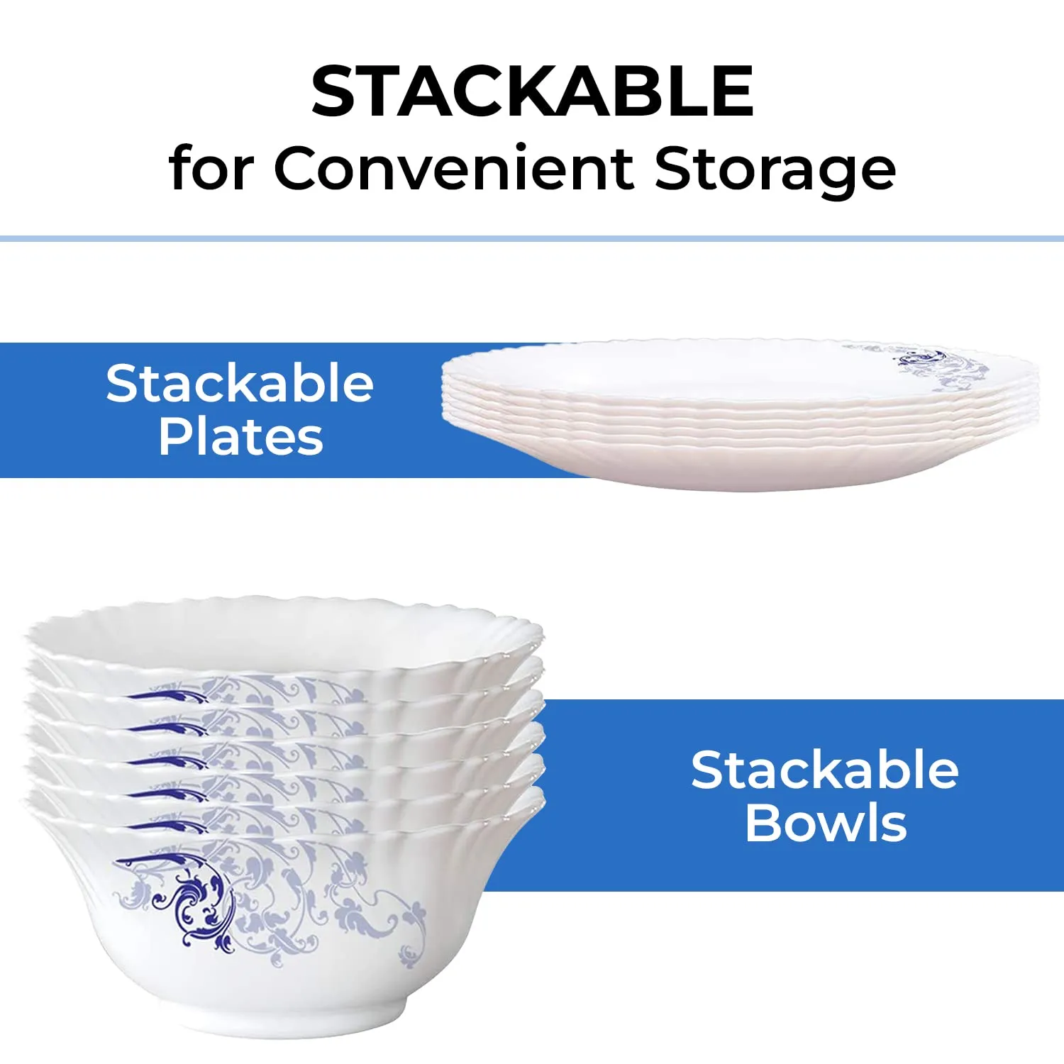 Larah by Borosil Blue Eve Silk Series Opalware Dinner Set | 47 Pieces for Family of 8 | Microwave & Dishwasher Safe | Bone-Ash Free | Crockery Set for Dining & Gifting | Plates & Bowls | White