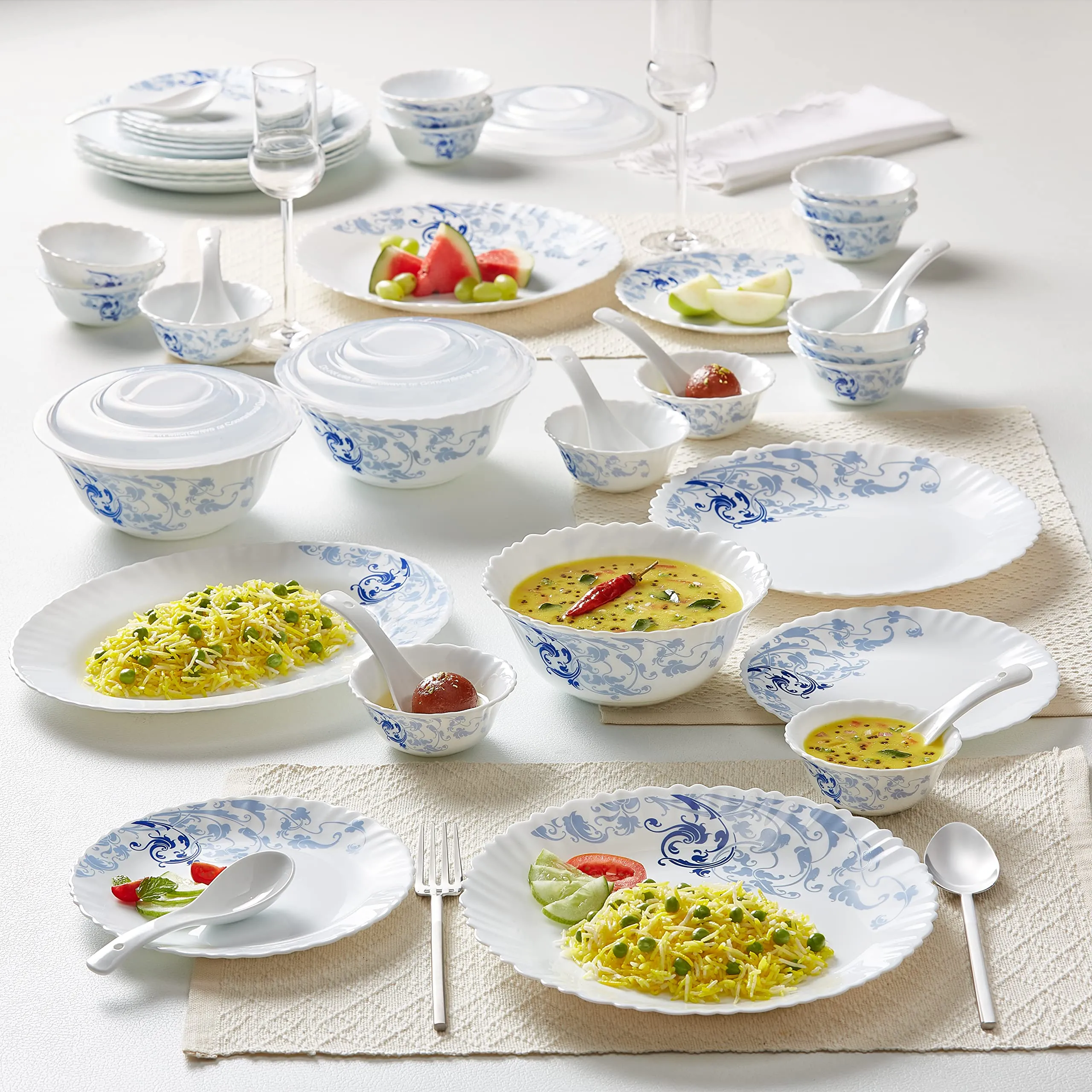 Larah by Borosil Blue Eve Silk Series Opalware Dinner Set | 47 Pieces for Family of 8 | Microwave & Dishwasher Safe | Bone-Ash Free | Crockery Set for Dining & Gifting | Plates & Bowls | White