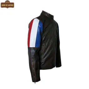M032 Men's Genuine Leather Cafe Racer Brown France Flag Jacket