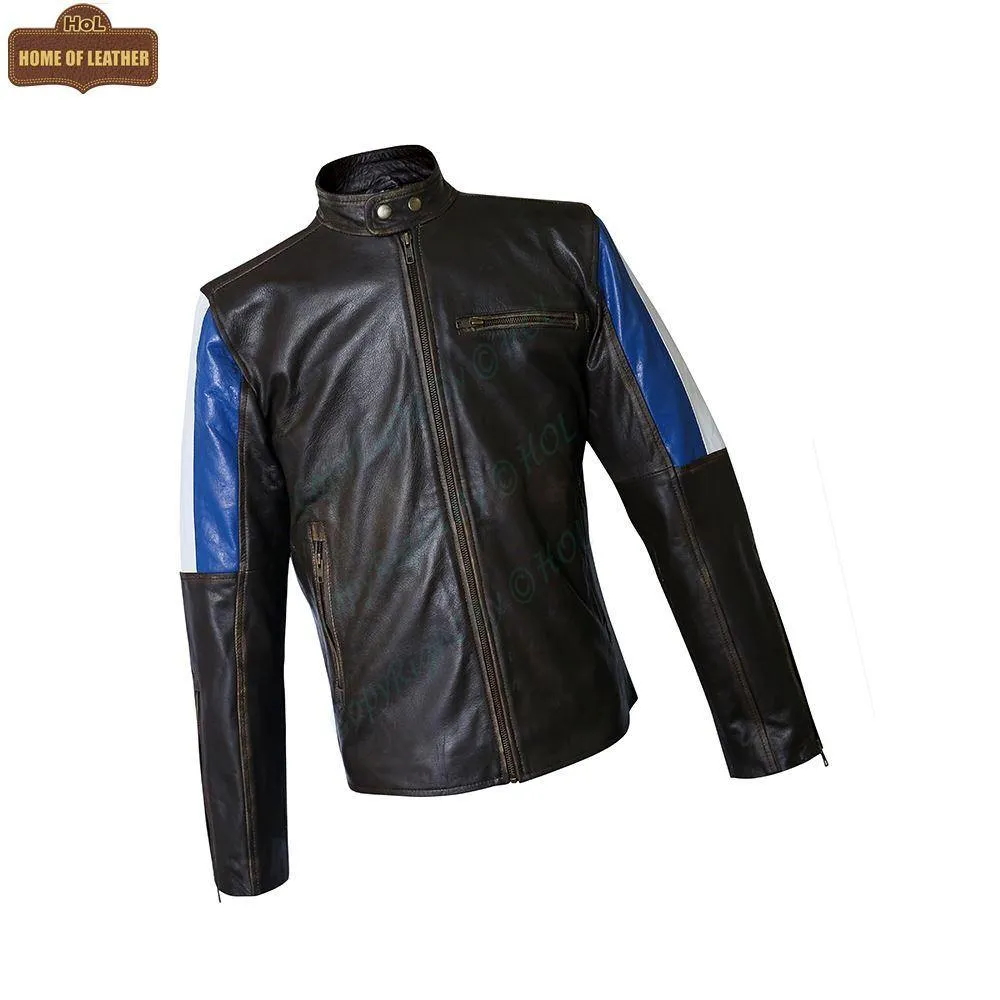 M032 Men's Genuine Leather Cafe Racer Brown France Flag Jacket