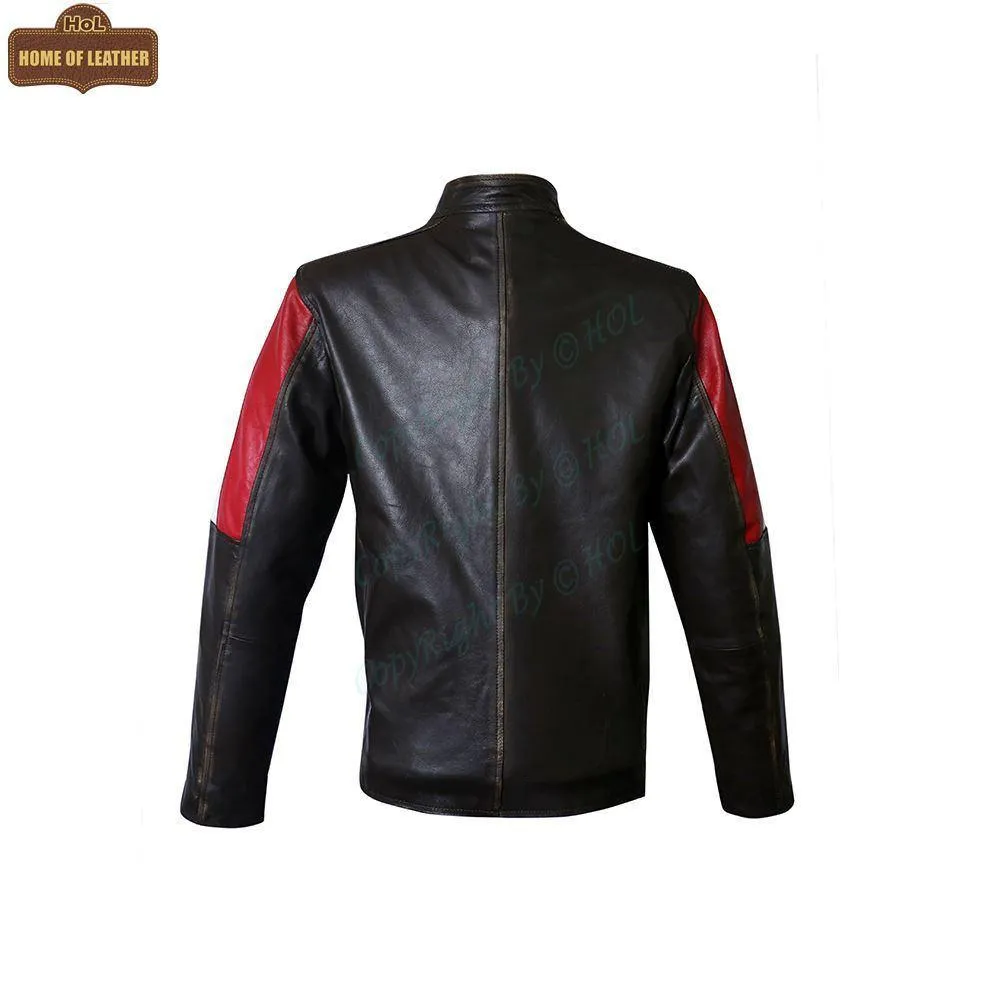 M032 Men's Genuine Leather Cafe Racer Brown France Flag Jacket