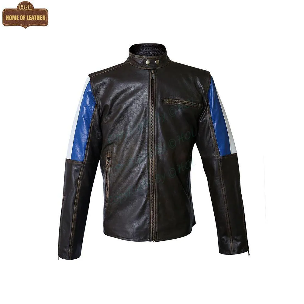 M032 Men's Genuine Leather Cafe Racer Brown France Flag Jacket
