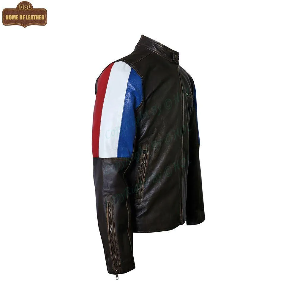 M032 Men's Genuine Leather Cafe Racer Brown France Flag Jacket