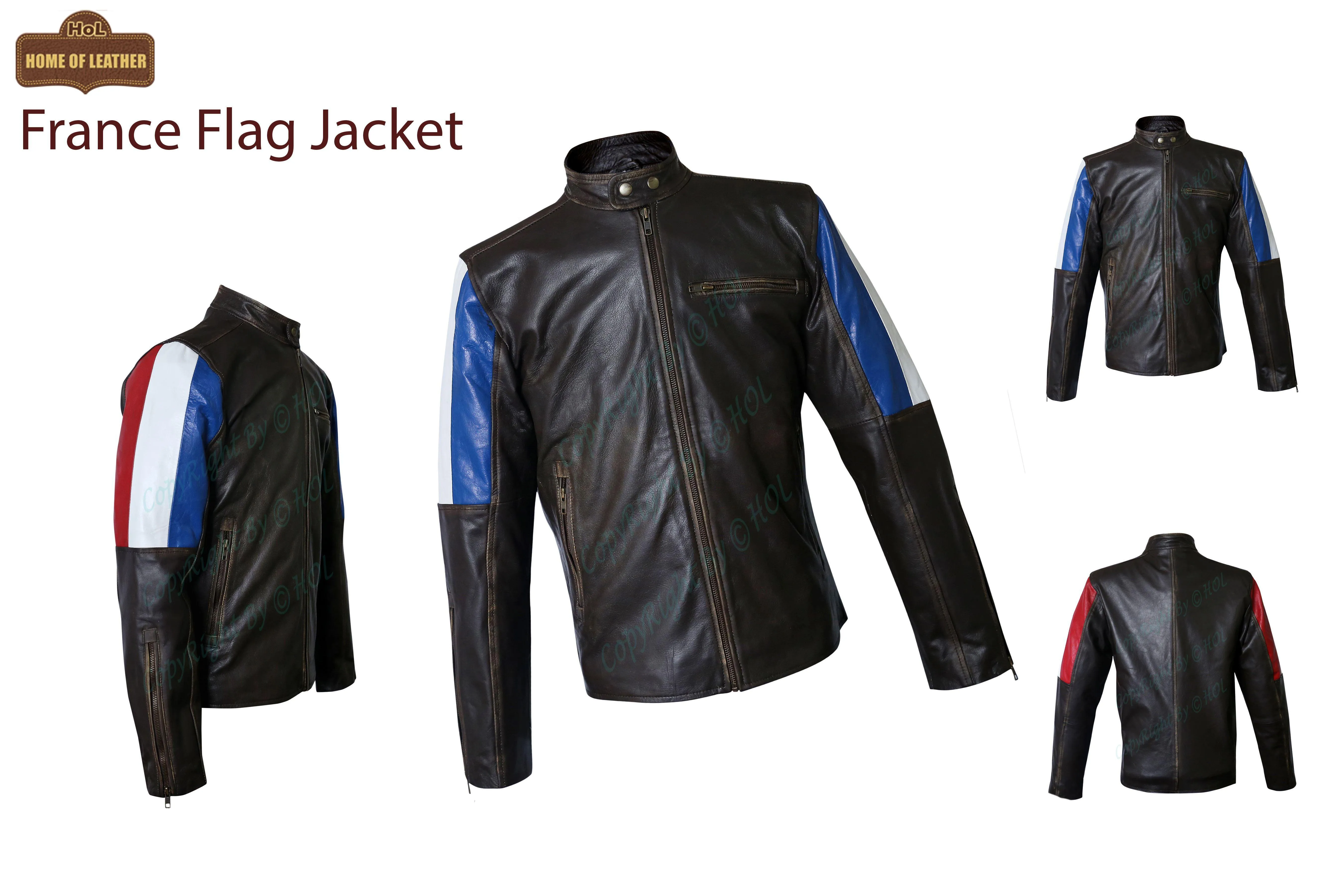 M032 Men's Genuine Leather Cafe Racer Brown France Flag Jacket