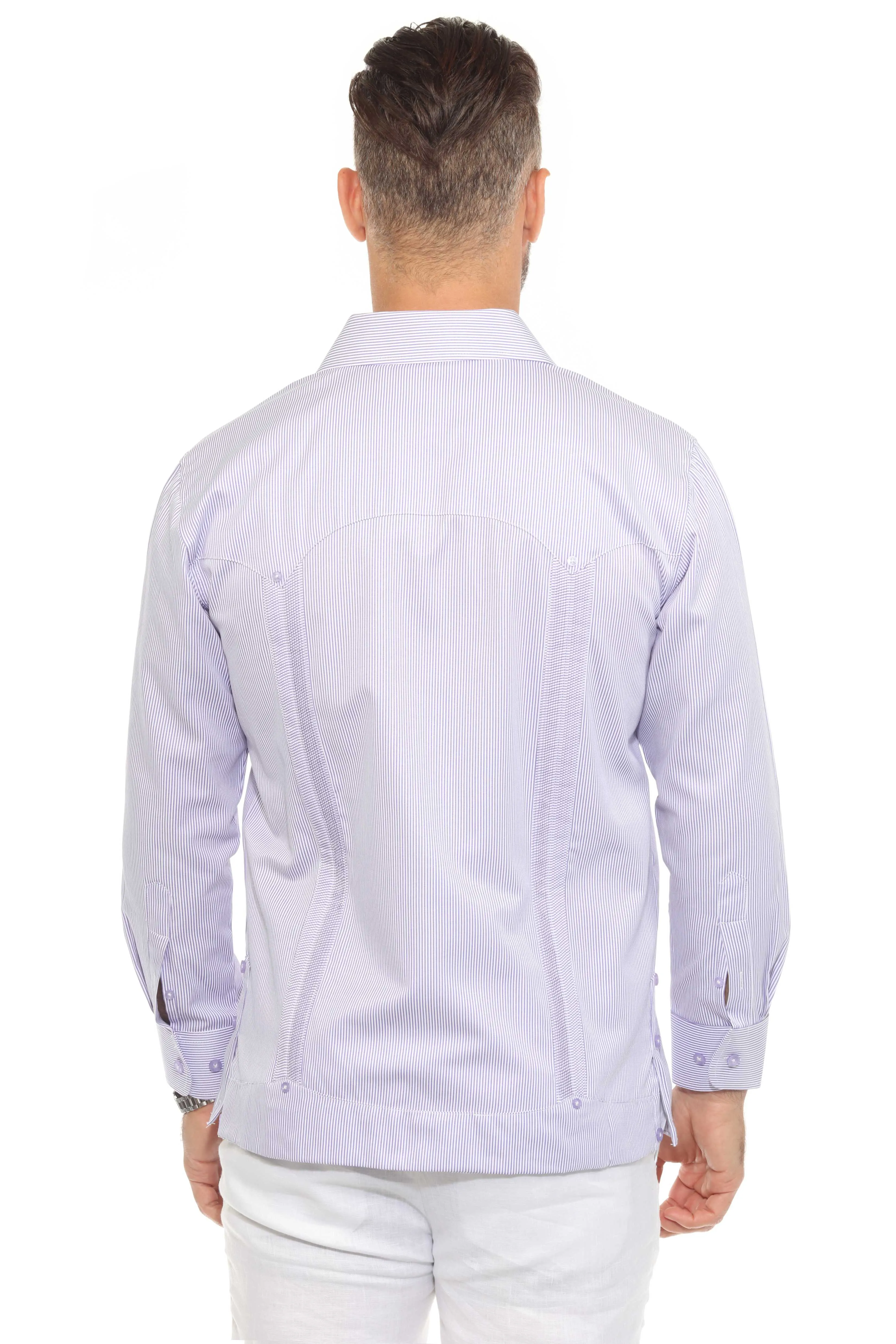 Men's Cotton Blend Guayabera Chacabana Pinstripe Print Shirt Long Sleeve