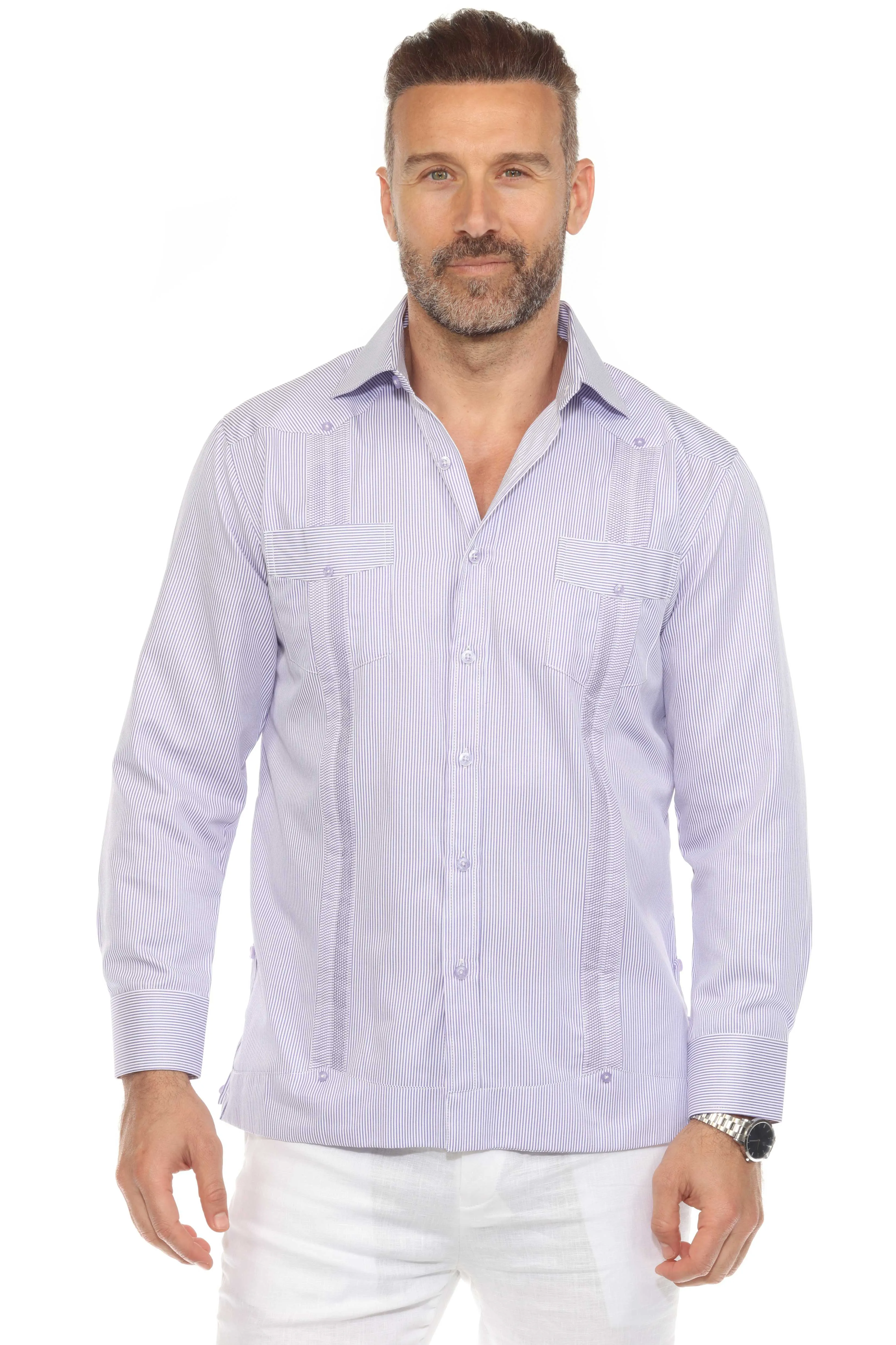 Men's Cotton Blend Guayabera Chacabana Pinstripe Print Shirt Long Sleeve