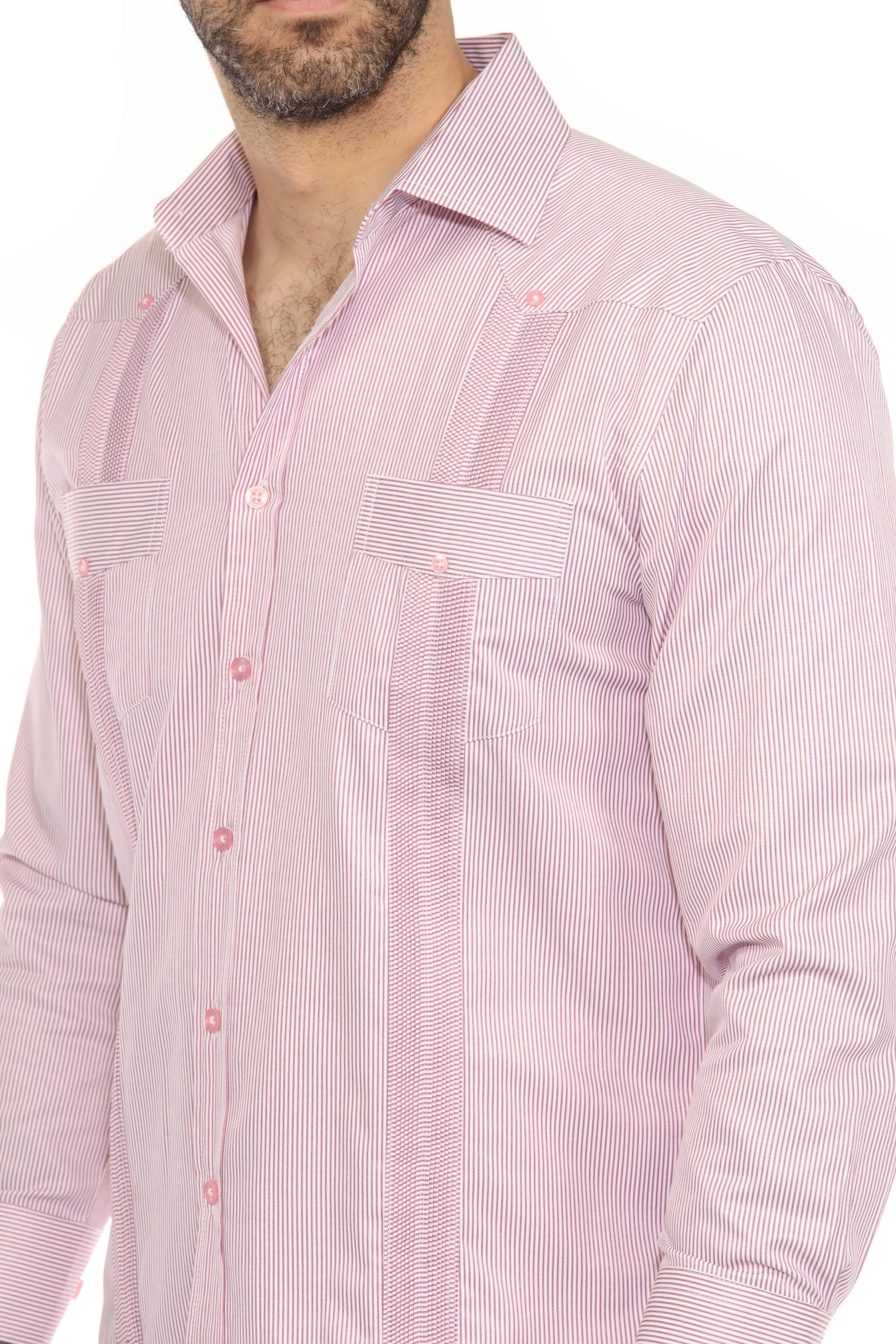 Men's Cotton Blend Guayabera Chacabana Pinstripe Print Shirt Long Sleeve