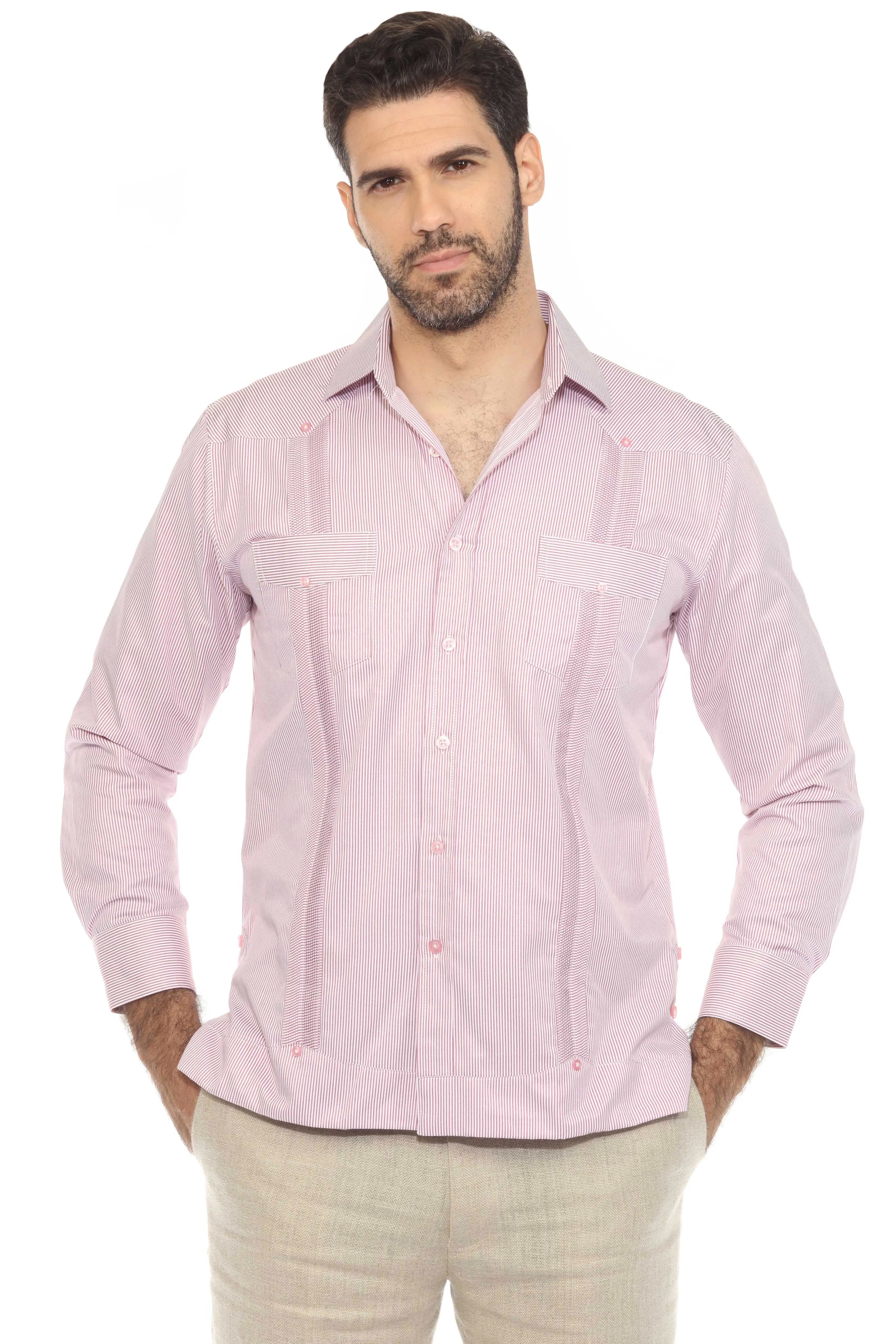 Men's Cotton Blend Guayabera Chacabana Pinstripe Print Shirt Long Sleeve
