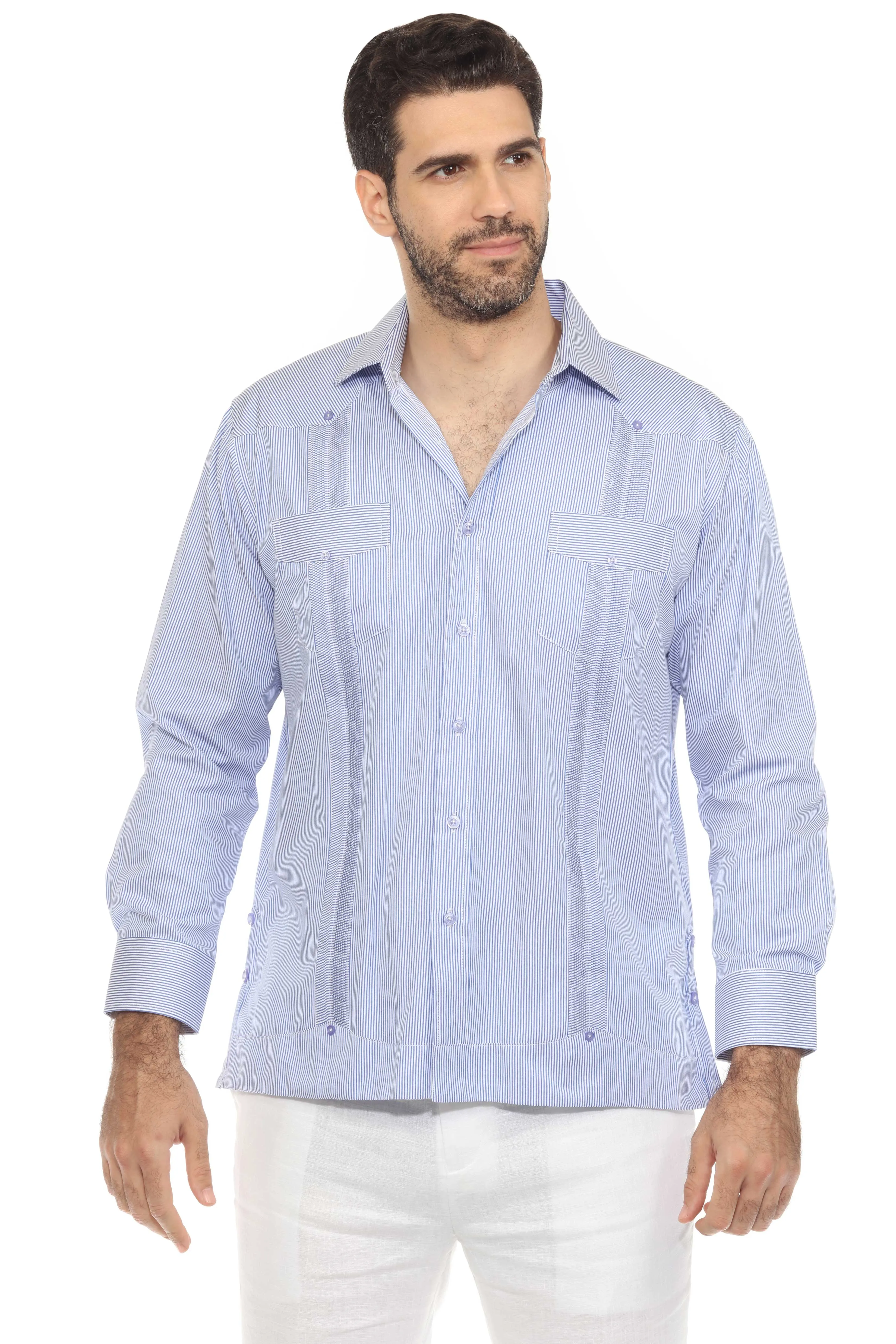 Men's Cotton Blend Guayabera Chacabana Pinstripe Print Shirt Long Sleeve