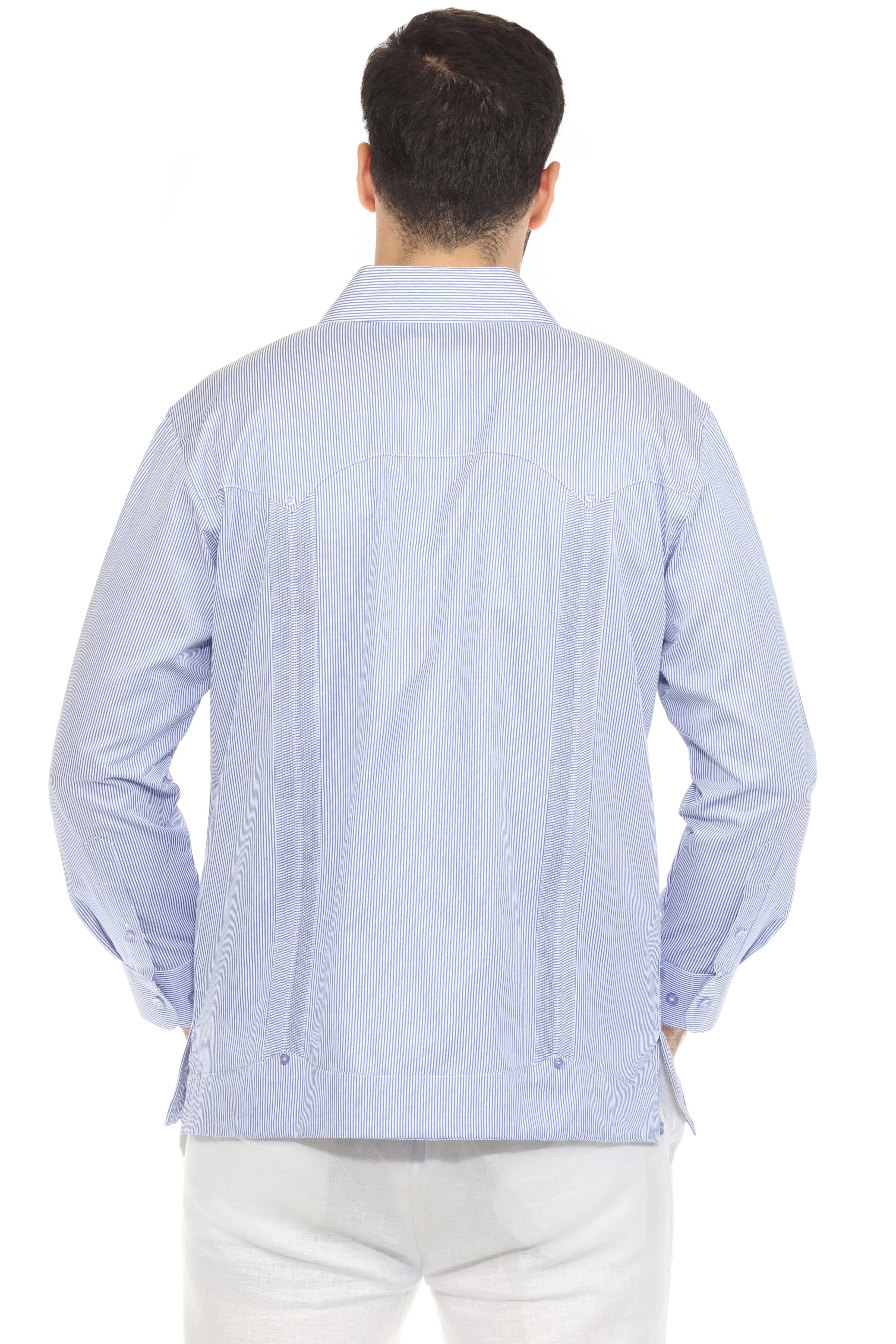 Men's Cotton Blend Guayabera Chacabana Pinstripe Print Shirt Long Sleeve