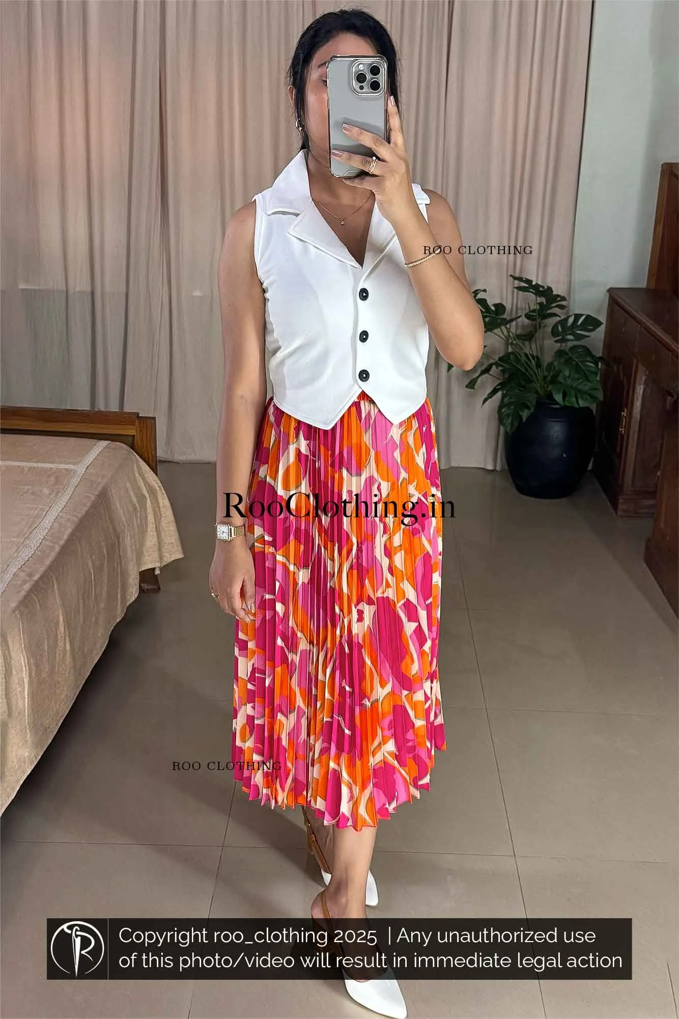 Midi-Length Tropical Sunset Accordion Pleated Skirt Only