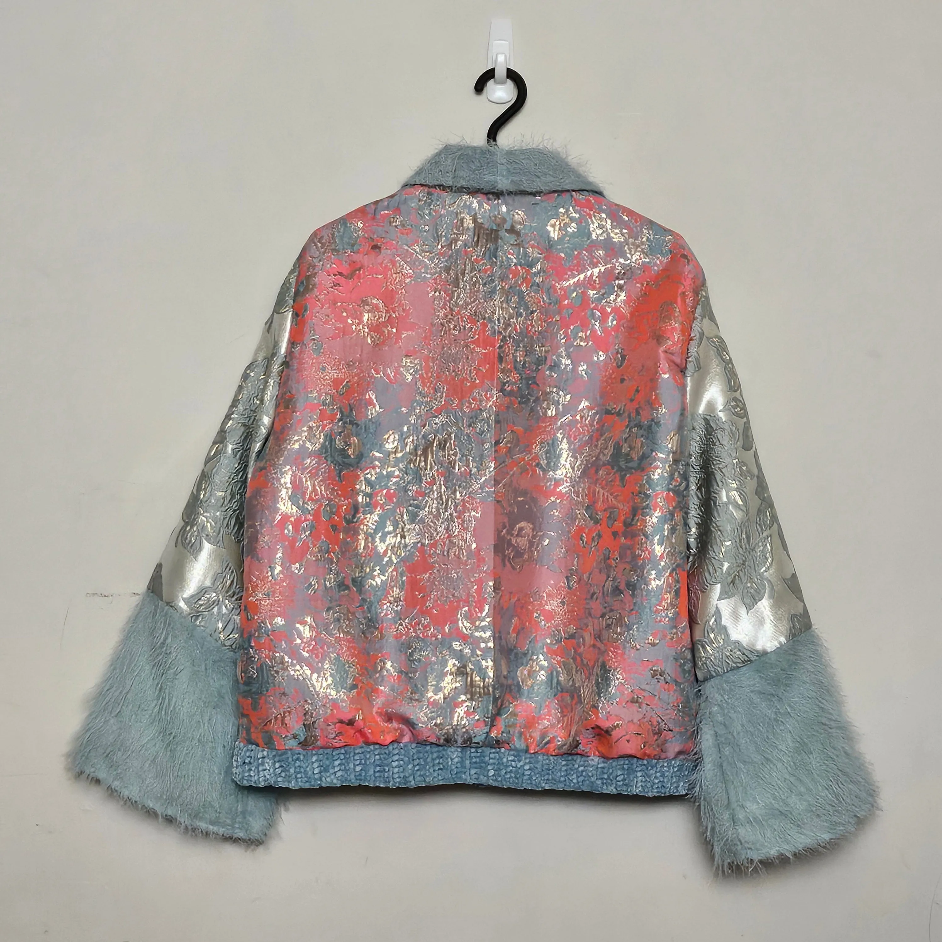 MILLICENT-Coral and mint jacket with fringe cuffed sleeves
