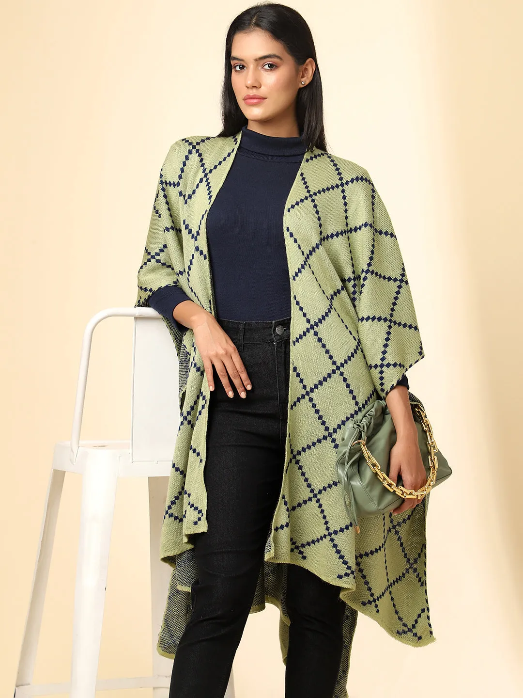 Open Front Checkered Knitted Shrug | Green