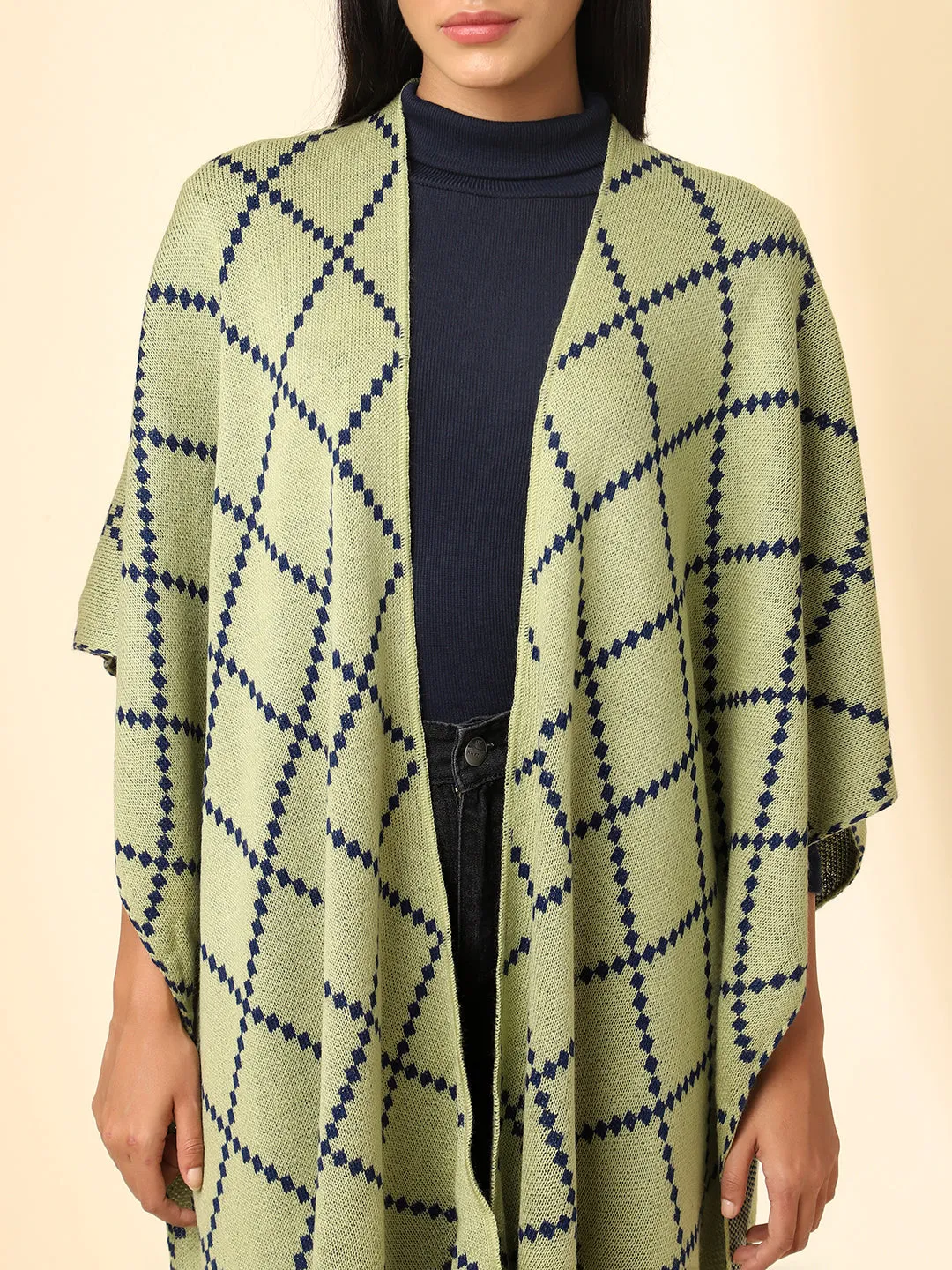 Open Front Checkered Knitted Shrug | Green