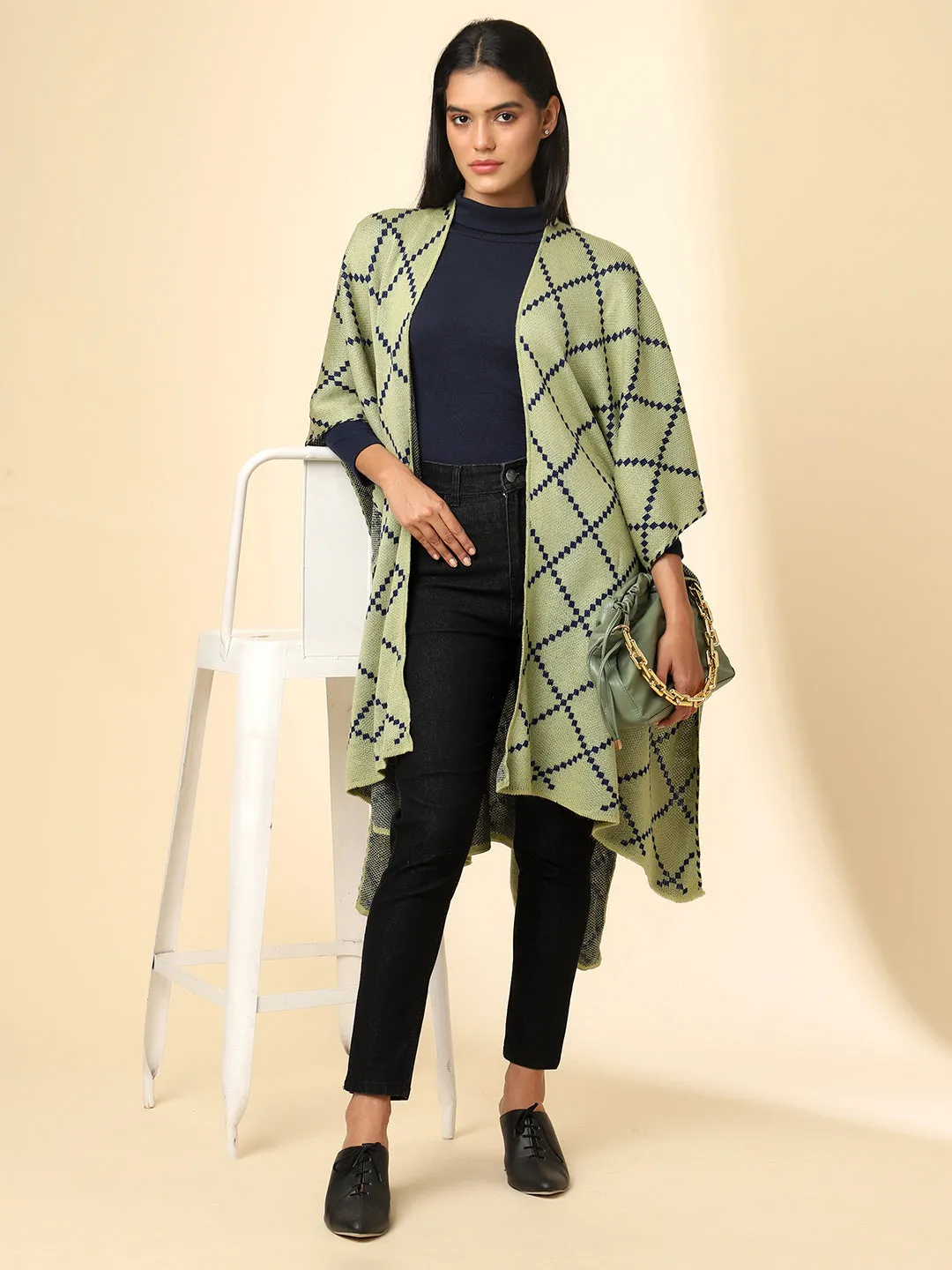 Open Front Checkered Knitted Shrug | Green