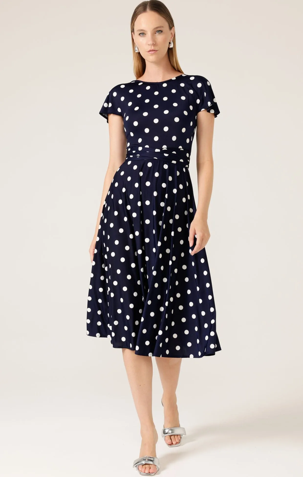 REVERSE WRAP MIDI DRESS IN NAVY WHITE SPOT