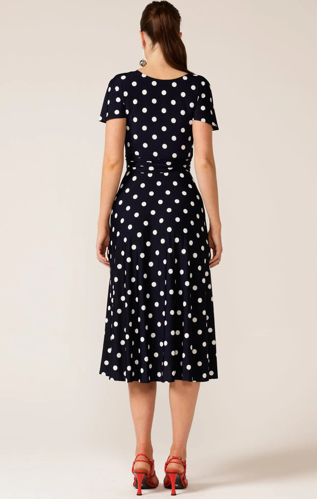 REVERSE WRAP MIDI DRESS IN NAVY WHITE SPOT