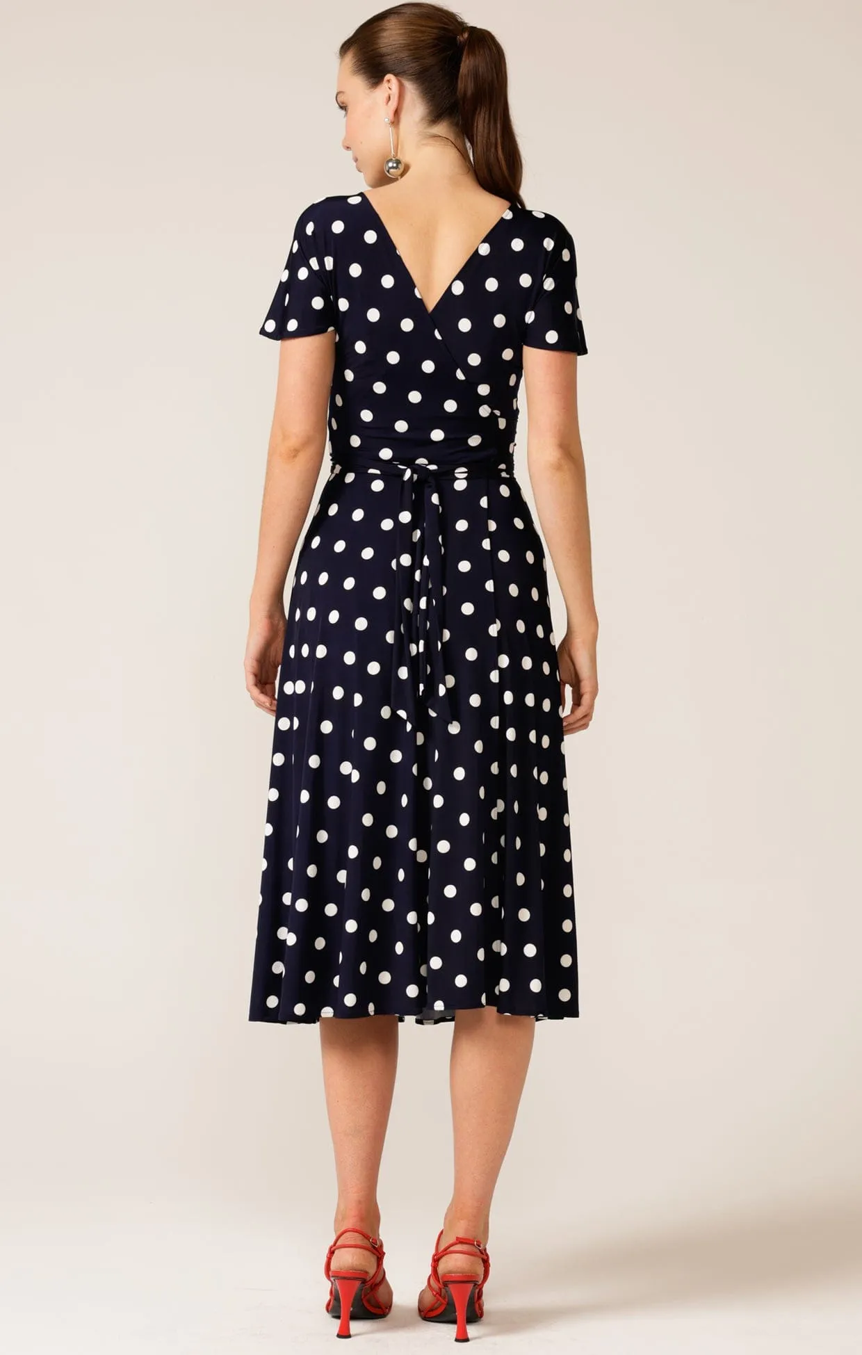 REVERSE WRAP MIDI DRESS IN NAVY WHITE SPOT