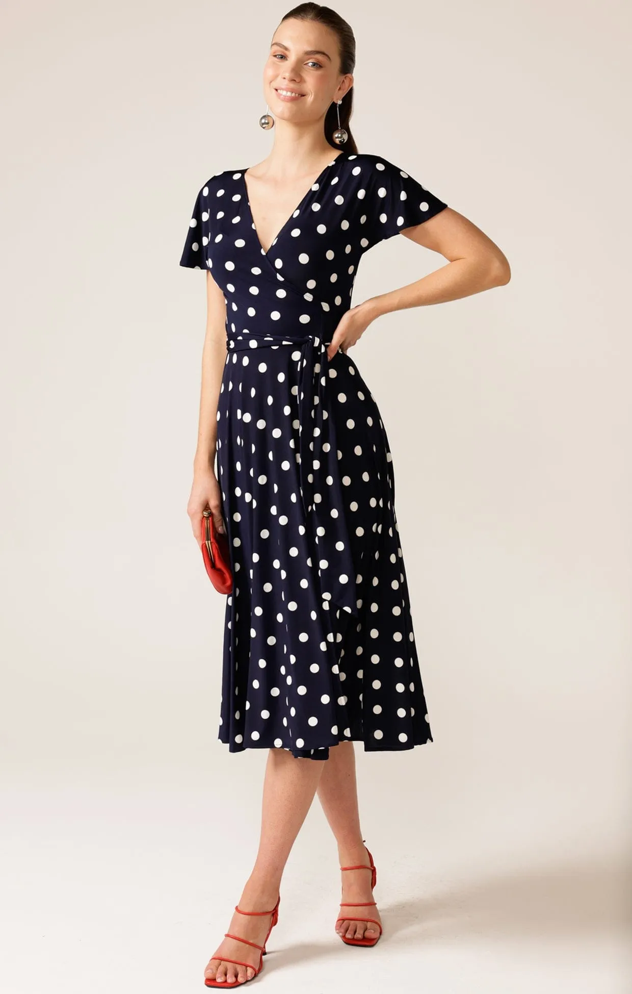 REVERSE WRAP MIDI DRESS IN NAVY WHITE SPOT