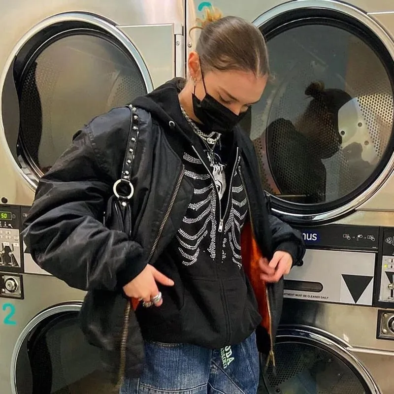 Rhinestone Skeleton Zip Up Hoodie