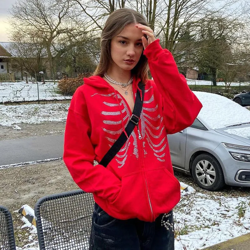 Rhinestone Skeleton Zip Up Hoodie