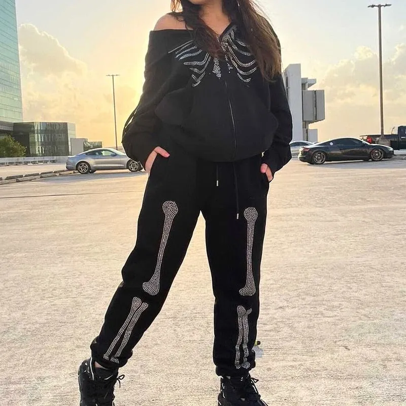 Rhinestone Skeleton Zip Up Hoodie
