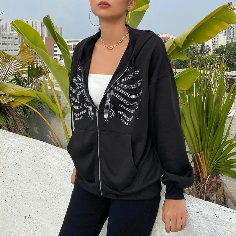 Rhinestone Skeleton Zip Up Hoodie