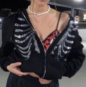 Rhinestone Skeleton Zip Up Hoodie