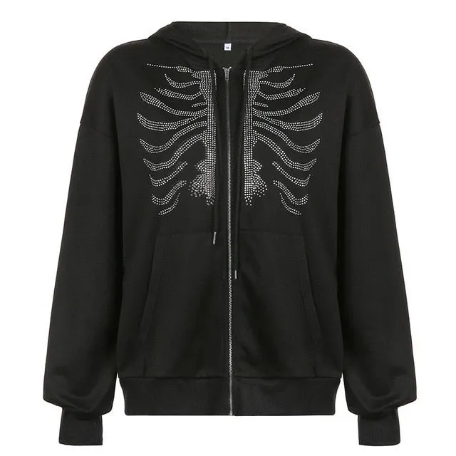 Rhinestone Skeleton Zip Up Hoodie