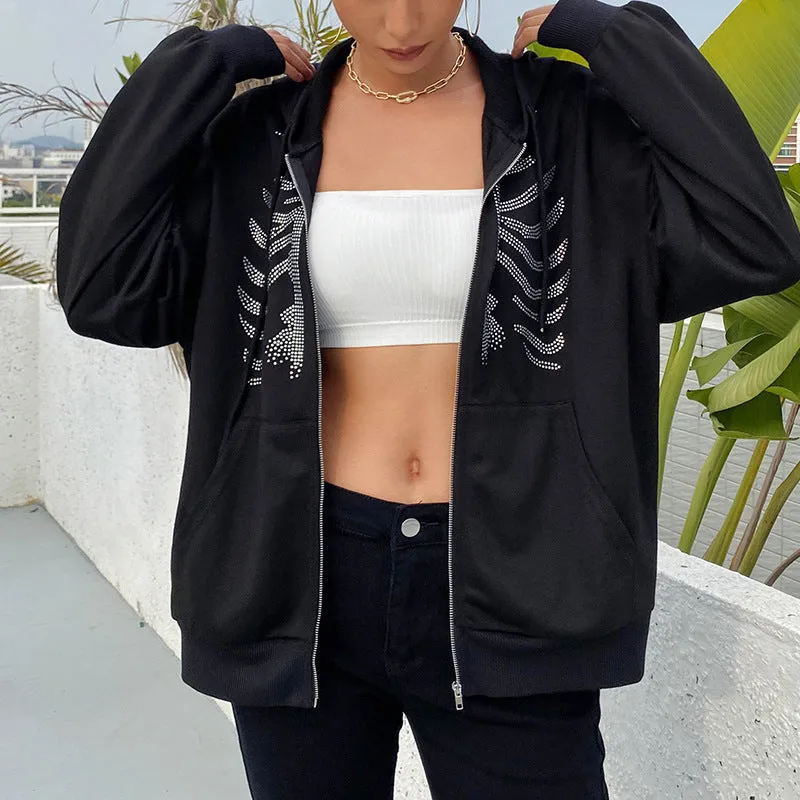 Rhinestone Skeleton Zip Up Hoodie