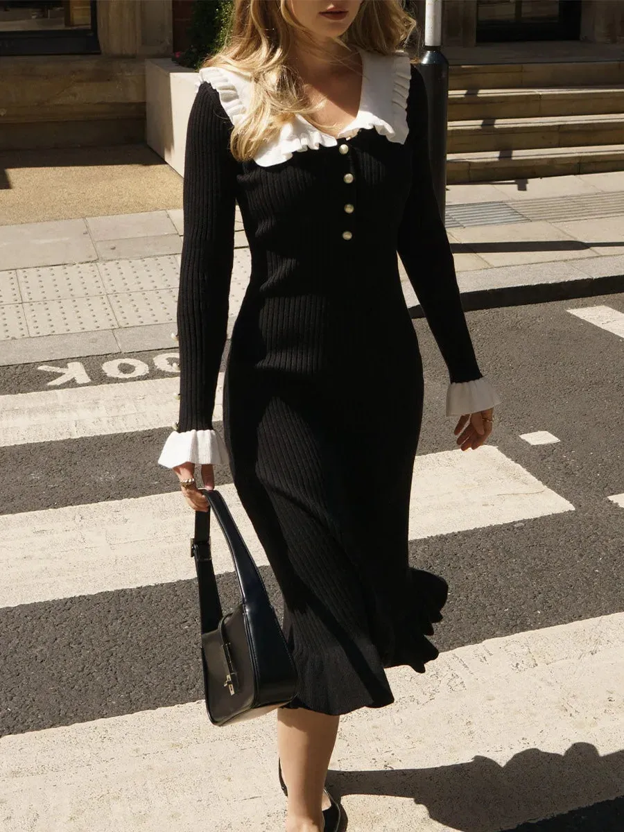 Ruffled Long-sleeved Vintage High-waisted French Creamy White Midi Dresses