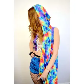 SALE - SMALL/MEDIUM - Unisex Hooded Sleeveless Rave Kimono Robe - Rainbow Geo