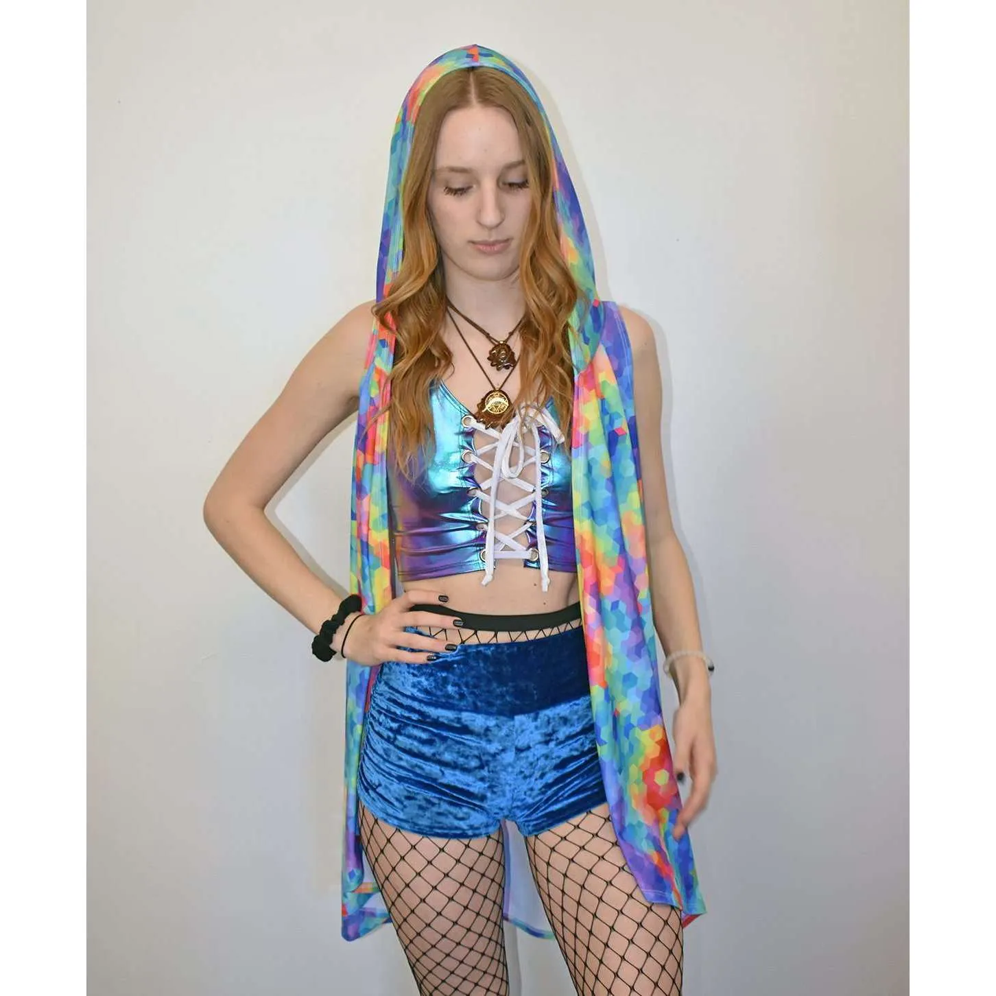 SALE - SMALL/MEDIUM - Unisex Hooded Sleeveless Rave Kimono Robe - Rainbow Geo