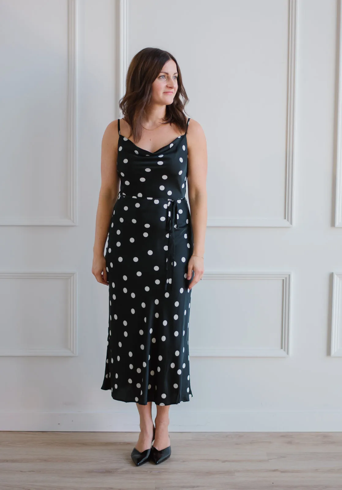 Satin Polka Slip Dress - Black