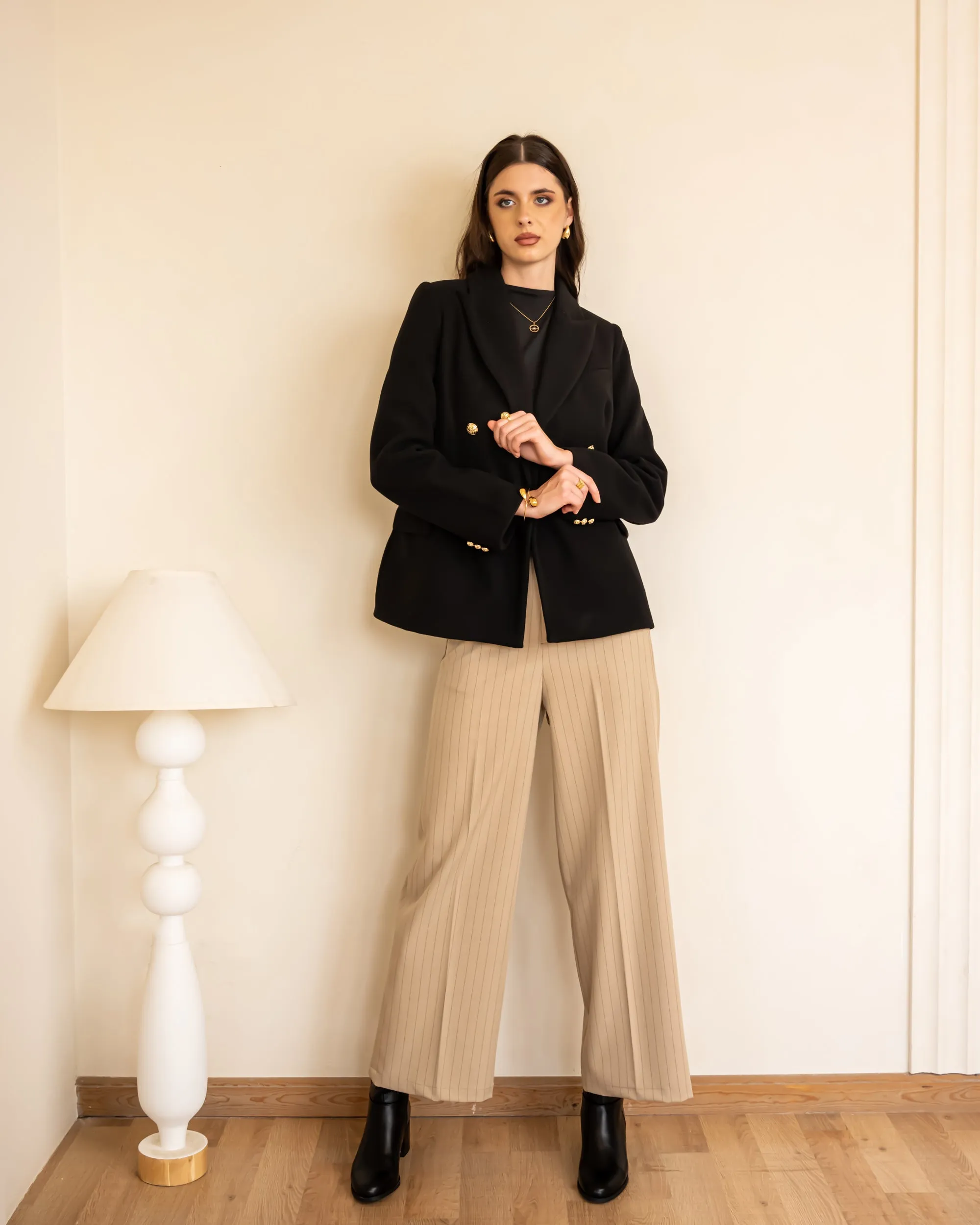 STRIPPED WIDE LEG PANT-BEIGE