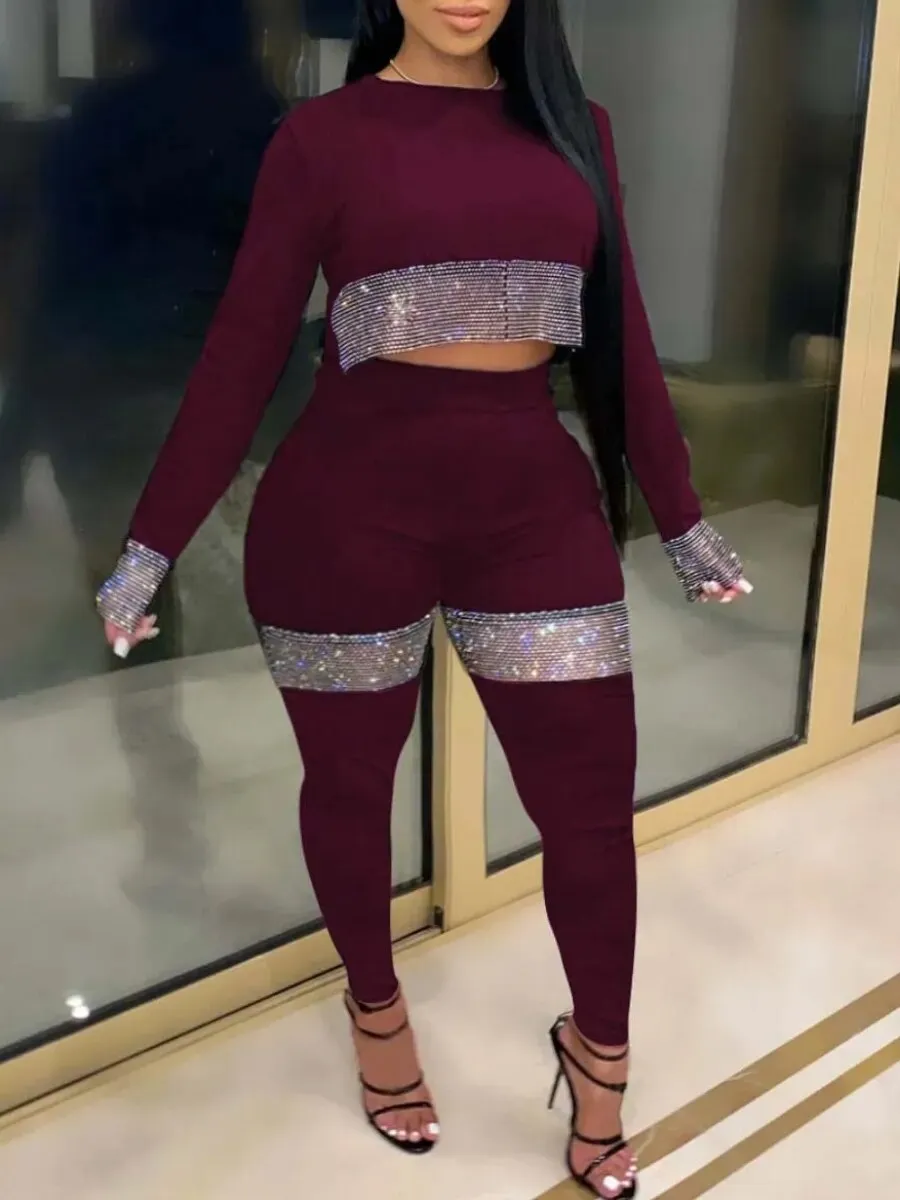Trendy Two Piece Sequined Long Sleeve Top and Bottom Set